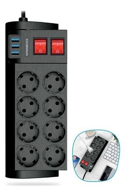 Tahtakale Toptancısı Buffer ®   Heat Resistant Thermal Current Protected 2 Meters 16A 4000W 8 Socket and 3 USB Extension Cable