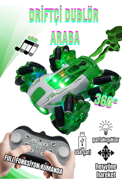 Boratila Toys Drift Yapan Uzaktan Kumandalı Araba-Buhar,Işık,Ses,TypeC Şarj,360°Dönüş,Full Fonksiyon (Yeşil)