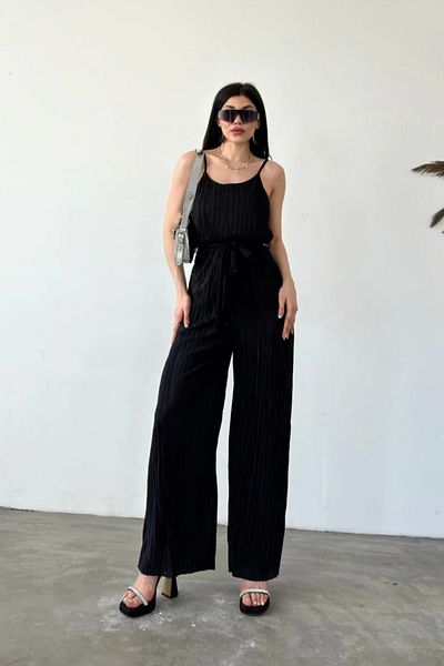 Fav Style Women's Strappy Wide Leg Belted Krinkle Jumpsuit Black