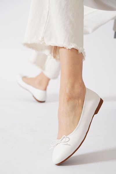 Moda Pie Merey Flat Bow Balerina pentru femei, piele albă
