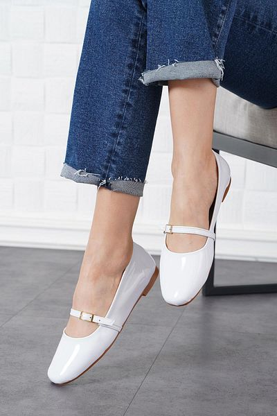 Moda Pie White Patent Leather - Senras Women's Ballerinas with Scarf Buckle
