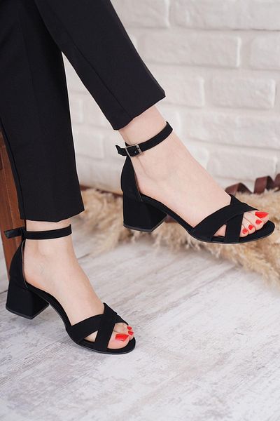 Moda Pie Sandale cu toc mic pentru femei Zero Cross Weft, piele intoarsa neagra