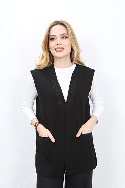 Özenli Triko Mother's Vest - Steel Knit Collar, Embroidery and Agraph, Black