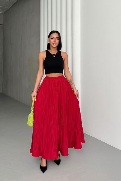Hür Women's Red Crush Effect Long Flared Skirt