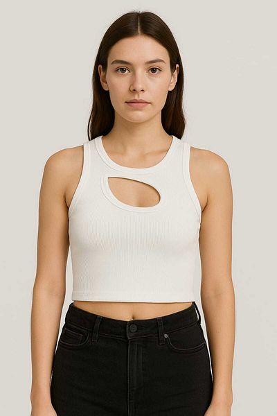 LİNETZA Women's White Windowed Ottoman Low-Cut Twill Blouse Crop