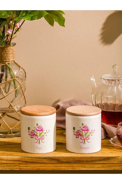 LC Waikiki Lcw Home Mixed Wooden Lid Ceramic Storage Container Set of 2