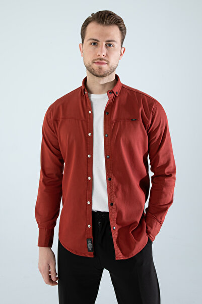 YXC Trend Maker Чоловіча сорочка бавовняна Slim Fit з довгими рукавами без кишень, цегляного кольору