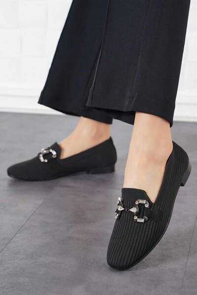 Moda Pie Delna Geçme Taşlı Taşlı Kadın Triko Babet Siyah