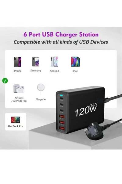 SP Super Fast Charger PD 120 W QC 3.0 6-Port GaN 3-Port Type-C Plug Port 3 USB-C