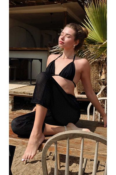 MY Wooft Black Summer Beachwear Pareo Swimsuit and Bikini Top Pants
