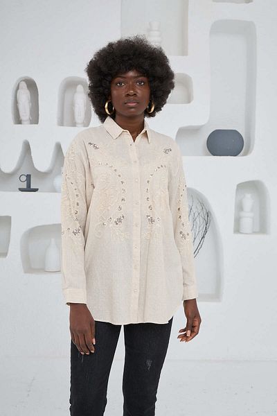 MİA NOURA Women's Front and Sleeves Embroidered Oversize Fit Cut