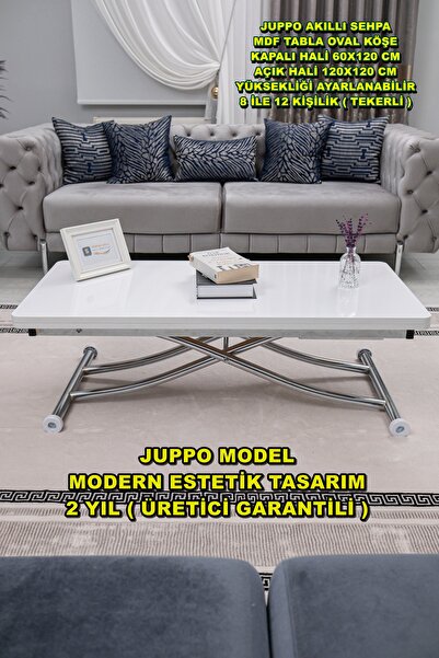 SEHPAM AKILLI Akıllı Sehpa Juppo Üst Tabla Mdf Beyaz Oval Köşealt Krom Kaplama Içe Kıvrım