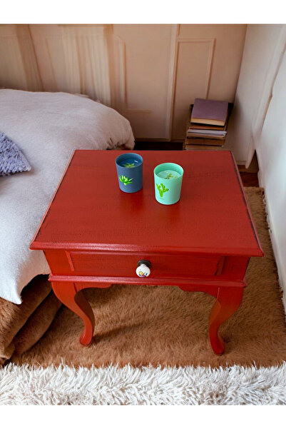 Evim Hizmet Masif Çekmeceli Kırmızı Eskitme Komodin Yan Sehpa - Montaj Dahil - Adrese Güvenli Teslimat
