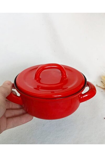 EBRULİEMAYE Kırmızı Çilli Mini Emaye Tencere 500 ml 13,5 cm çap mama artan ye...