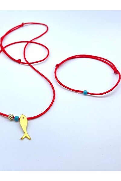 Concept HuBuTU Kırmızı Minimal Gold Balık Figürlü Kolye Ve Bileklik Seti