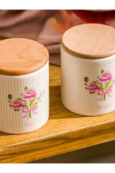 LC Waikiki Lcw Home Mixed Wooden Lid Ceramic Storage Container Set of 2