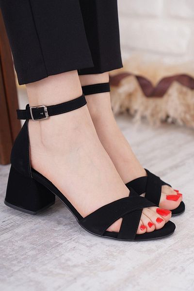 Moda Pie Sandale cu toc mic pentru femei Zero Cross Weft, piele intoarsa neagra