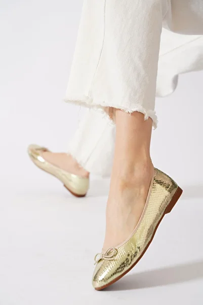 Moda Pie Merey Flat Bow Women's Ballerina Ballerina Gold Snake