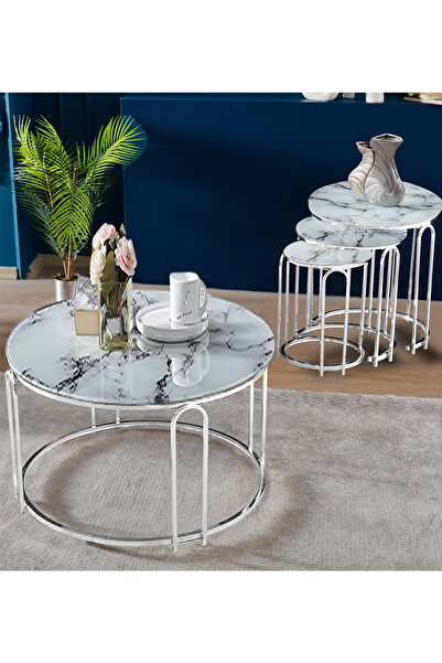 SEDAŞ LIVING UNITS Zigon Sehpa Ve Orta Sehpa Set Lenka Beyaz Mermer Cam Gümüş...