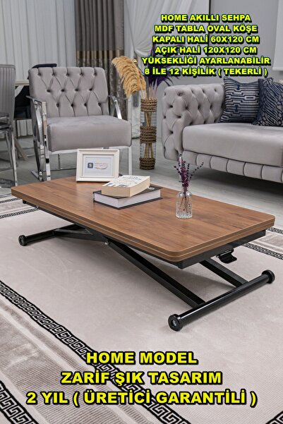 SEHPAM AKILLI Akıllı Sehpa Home Üst Tabla Mdf Ceviz Oval Köşe Alt Mekanizma Siyah Renk