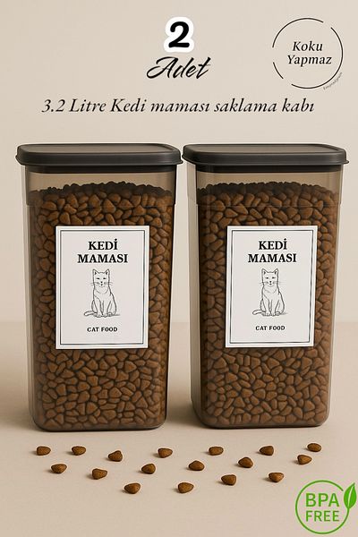 Dem Home 2-Piece Cat Food Storage Container 3.2 Lt. Anthracite Color Plastic Organizer