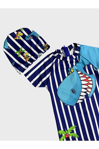 ALİŞ KİDS Boy's Navy Blue Crocodile Patterned Bonnet Short Sleeve Protected Swimsuit