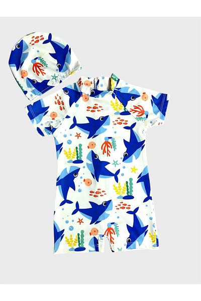 ALİŞ KİDS Boy's White Shark Fish Patterned Bonnet Short Sleeve Protected Swimsuit