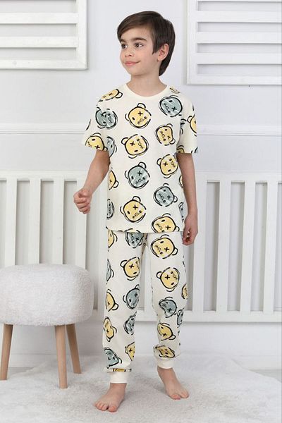 Yağmur Giyim İsob Ecru Smiling Face Patterned 100% Cotton Short Sleeve Boy's Pajama Set 3-13 Years 41322-41510-
