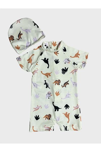 ALİŞ KİDS Boy's Cream Color Dinosaur Patterned Bonnet Short Sleeve Protected Swimsuit