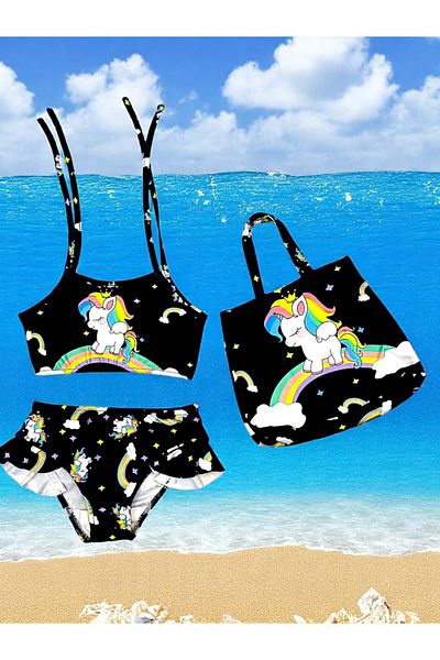 Lolliboomkids Girl's Black Color Legendary Horse Printed Beach Bag Bikini Set 3 Pieces