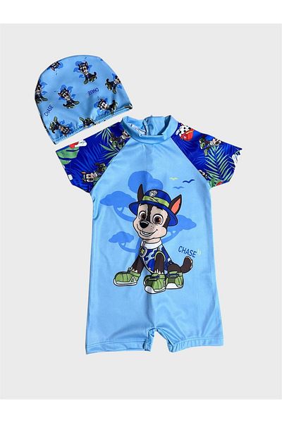ALİŞ KİDS Boy's Blue Hat Cute Dog Patterned Bonnet Short Sleeve Protected Swimsuit