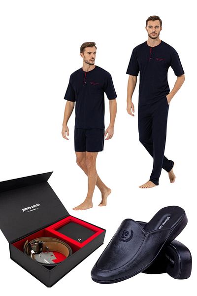 Pierre Cardin Men's Combed Cotton 100% Cotton 3-Piece Boxed Pajama Set Belt Wallet and Slippers Set