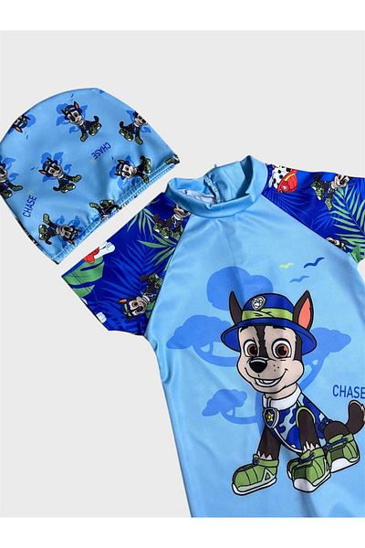ALİŞ KİDS Boy's Blue Hat Cute Dog Patterned Bonnet Short Sleeve Protected Swimsuit