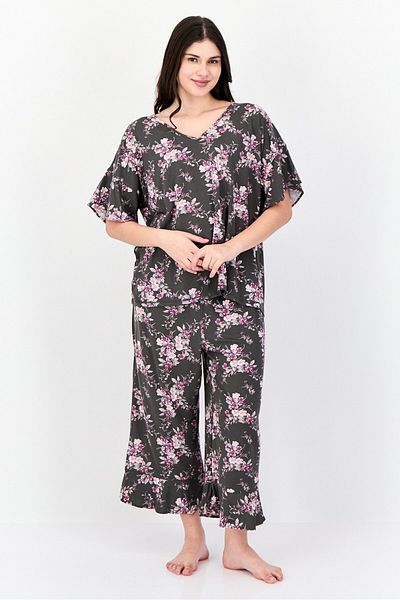 Jones of New York Women Plus Size 2pcs Floral Pattern Sleepwear Set, Grey