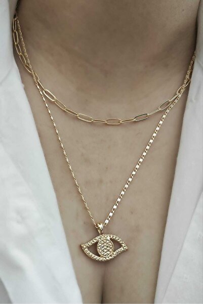 KYOLA DESİGN 2`li Kombin Göz Charm Gold Kadın Kolye