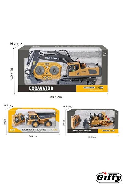 SCOWETTO Kumandalı İnşaat Makineleri 3lü Set Kamyon,Ekskavatör ve Bulldozer Şarjlı Işıklı Metal Kasa Yetişkin