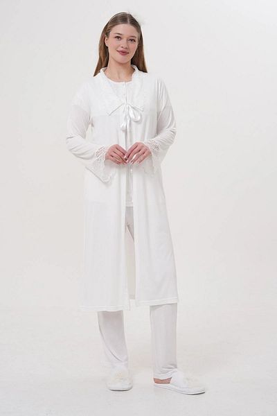 Lohussa Women's Ecru Lace Special Design Cotton Summer Maternity Maternity Dressing Gown Pajama Set Set