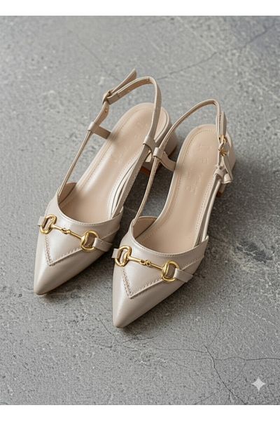 leopar by çetinay Women's Beige Skin Embroidered Buckle Detail Heeled Shoes