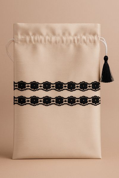 Lurji Stylish Linen Shoe Bag – Black Lace, Drawstring and Tassel Dowry Bag