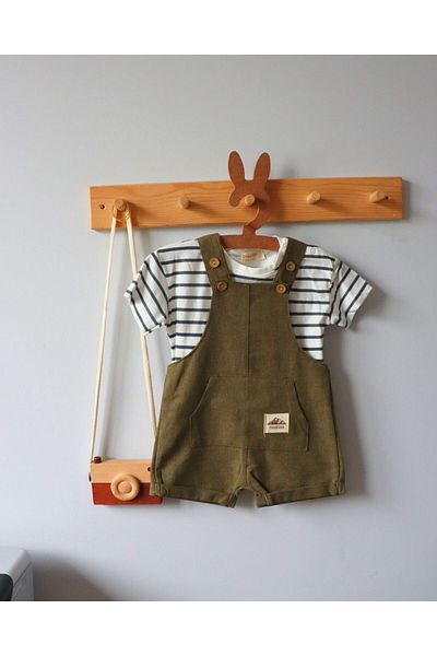TinyAlp Design Patterned Natural Linen Fabric Natural and Soft Colored Baby Boy Jumpsuit Set