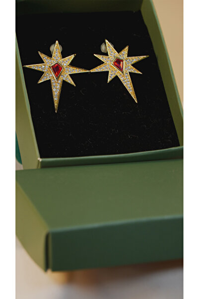 Jewerly Bak Butik Ortasında güzel bir kırmızı taş bulunan büyük bir altın yıldız Çelik Küpe