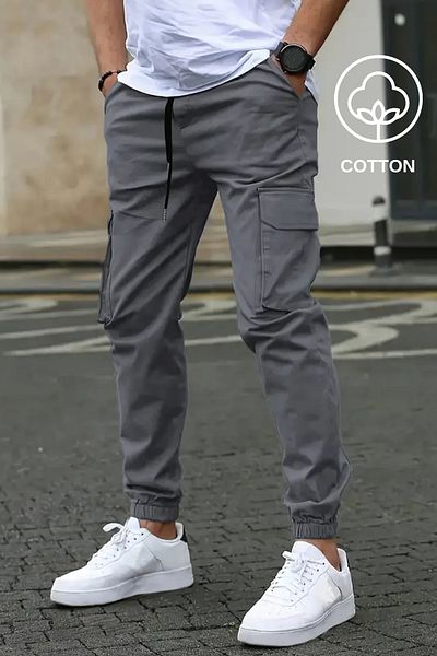 VIKUNYA Men's Summer Gray Jogger Cotton Cargo Pants Adjustable Waist Elasticized Legs Comfort