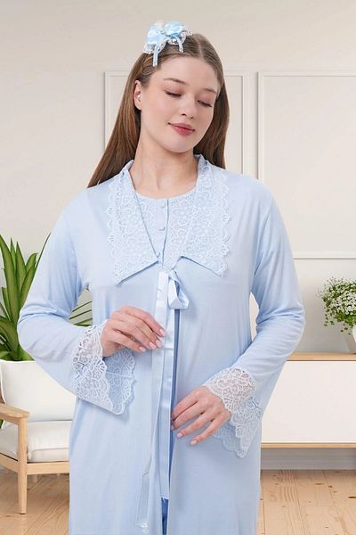 Lohussa Women's Blue Lace Special Design Cotton Summer Maternity Maternity Dressing Gown Pajama Set Set
