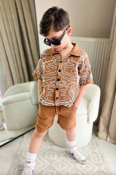 Kidmark Çocuk Modası Boy's Embroidered Brown Muslin Suit