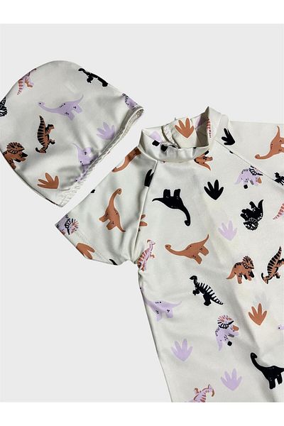 ALİŞ KİDS Boy's Cream Color Dinosaur Patterned Bonnet Short Sleeve Protected Swimsuit