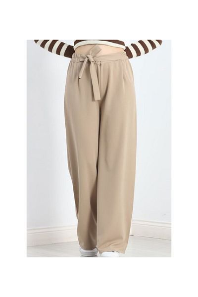 A&O Style Women's Beige Elastic Waist Belted Wide Leg Crepe Palazzo Trousers