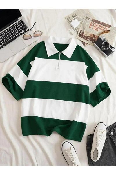 woonkey Unisex Oversized Striped Half Zippered Cotton Summer Polo Collar Shorts 2-Piece Set New Season