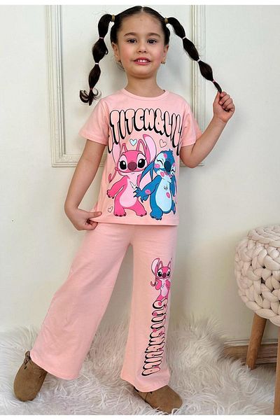 Yağmur Giyim Pjkbp Stitch Patterned Salmon Wide Leg Girl's Short Sleeve Suit 3-10 Years 7619-S