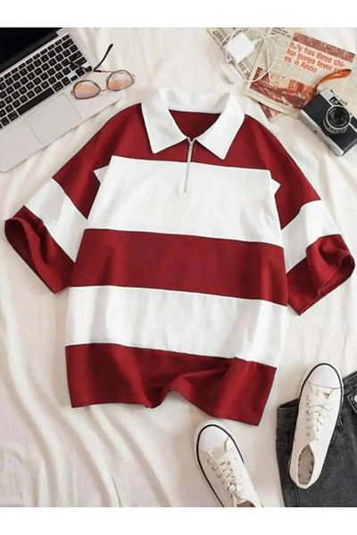 woonkey Unisex Oversized Striped Half Zippered Cotton Summer Polo Collar Shorts 2-Piece Set New Season