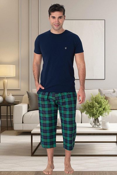 Mecit Pijama Mecit 2910 Navy Blue καρό ανδρικό σετ πιτζάμες Capri μεγάλου μεγέθους